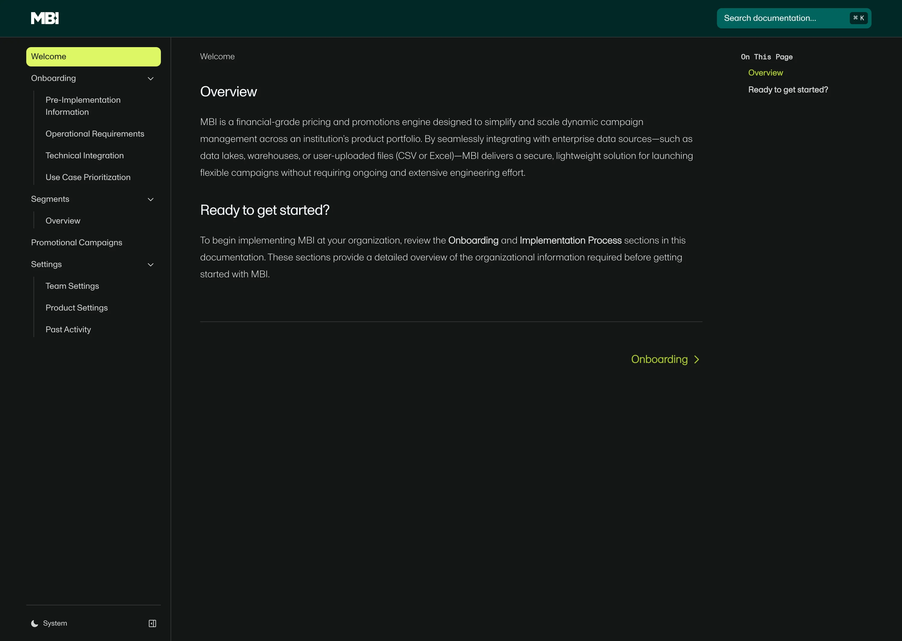 Screenshot of MBI documentation website