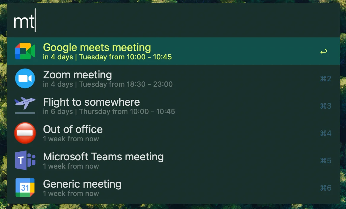Screenshot of the Meetings Calendar Alfred workflow